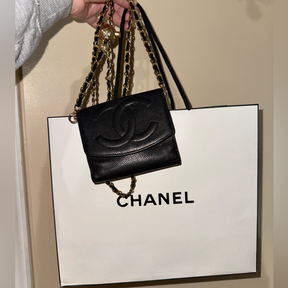 Chanel Black Leather Wallet W/ Fashion Chain